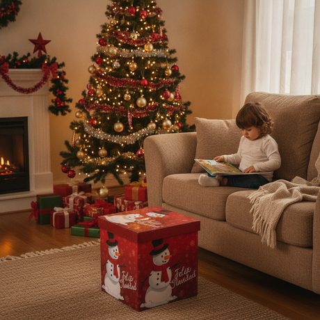 Puff navideño rojo asiento infantil living hogar chileno Navidad