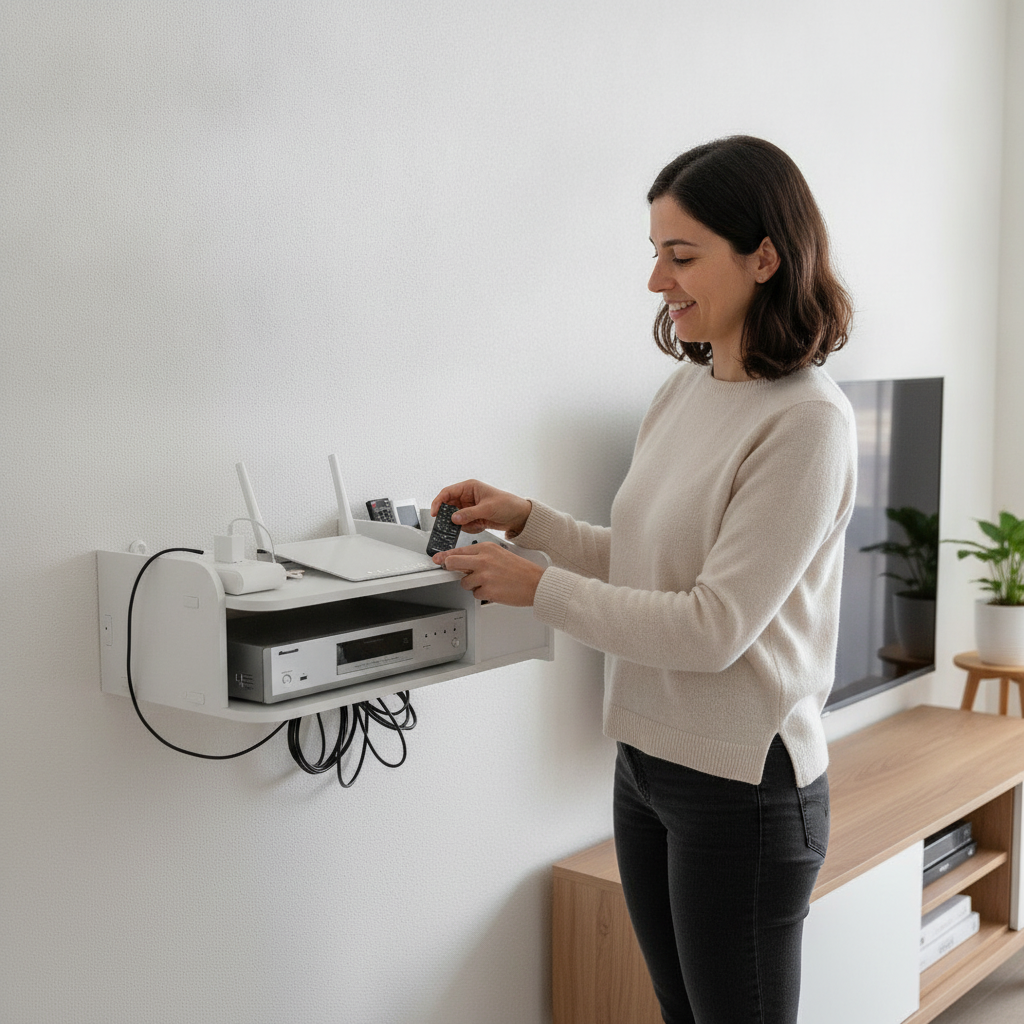 Mujer organizando controles y router en rack pared living chileno