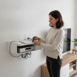 Mujer organizando controles y router en rack pared living chileno