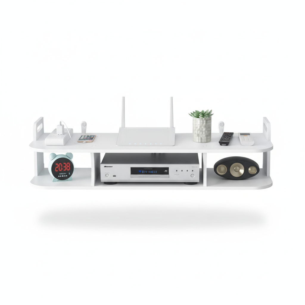 Rack repisa flotante 2 niveles blanca organizador router TV vista frontal