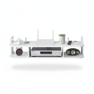 Rack repisa flotante 2 niveles blanca organizador router TV vista frontal