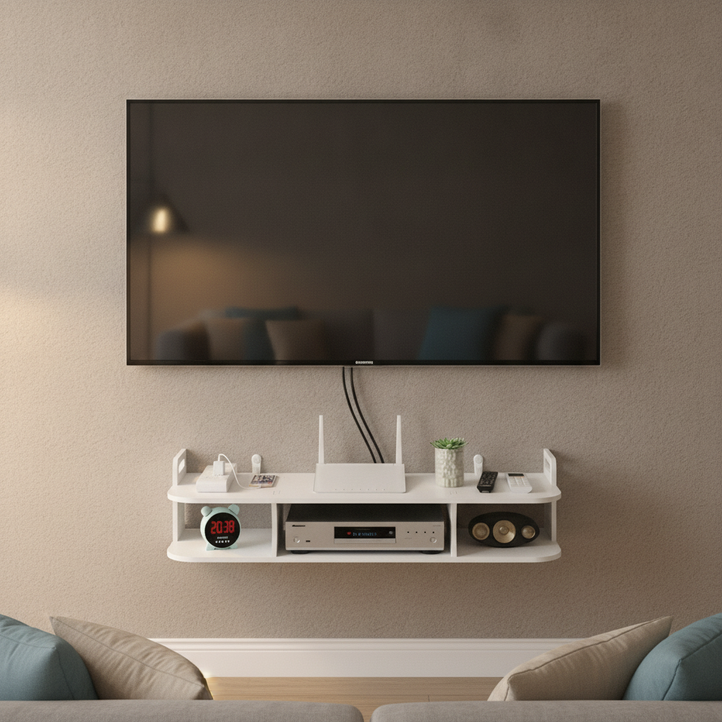 Repisa flotante bajo TV organizador router consola living chileno moderno