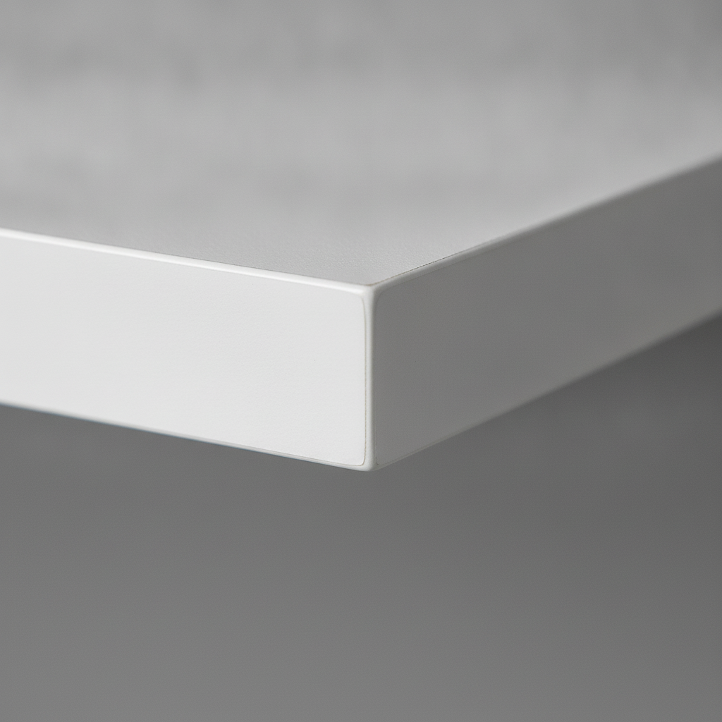 Detalle superficie material repisa flotante blanca acabado liso calidad
