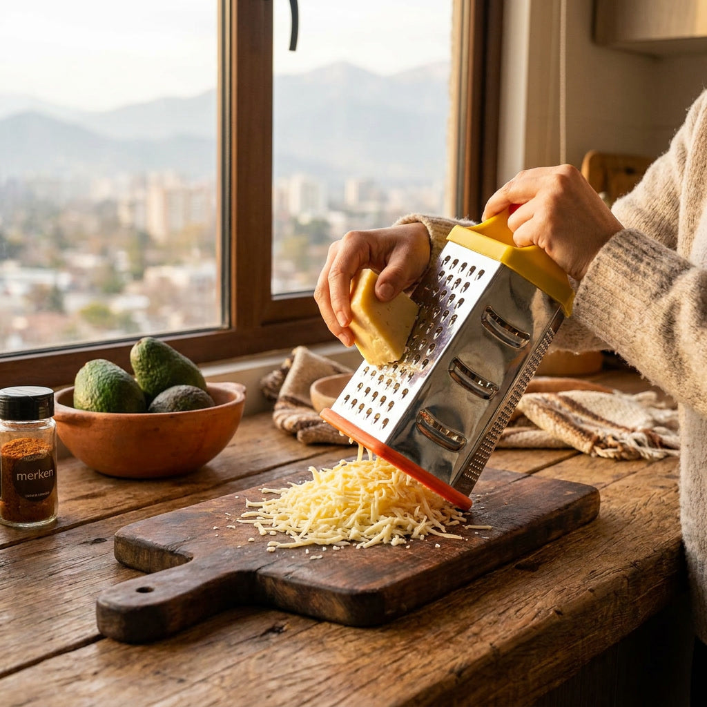Rallador hexagonal cocina chilena rallando queso tabla madera