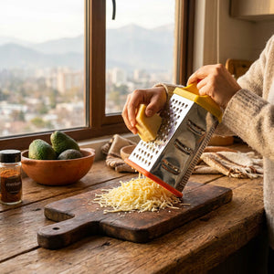 Rallador hexagonal cocina chilena rallando queso tabla madera