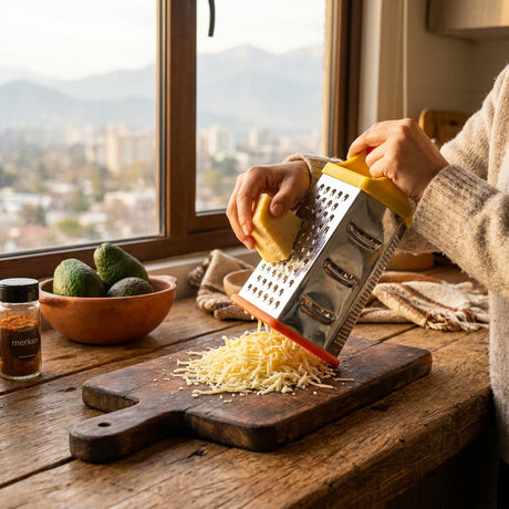 Rallador hexagonal cocina chilena rallando queso tabla madera