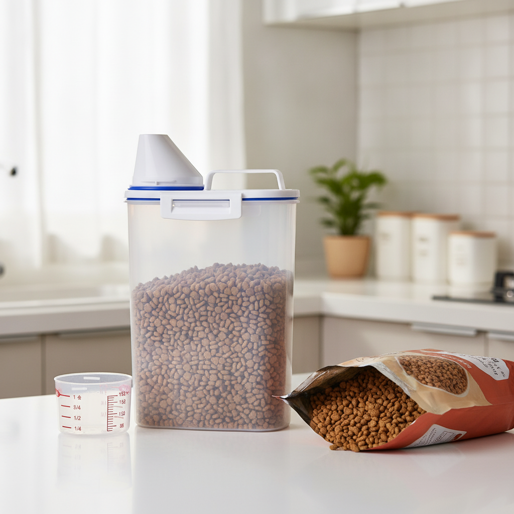 Recipiente almacenamiento croquetas gato con taza medición encimera cocina