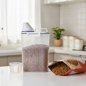 Recipiente almacenamiento croquetas gato con taza medición encimera cocina