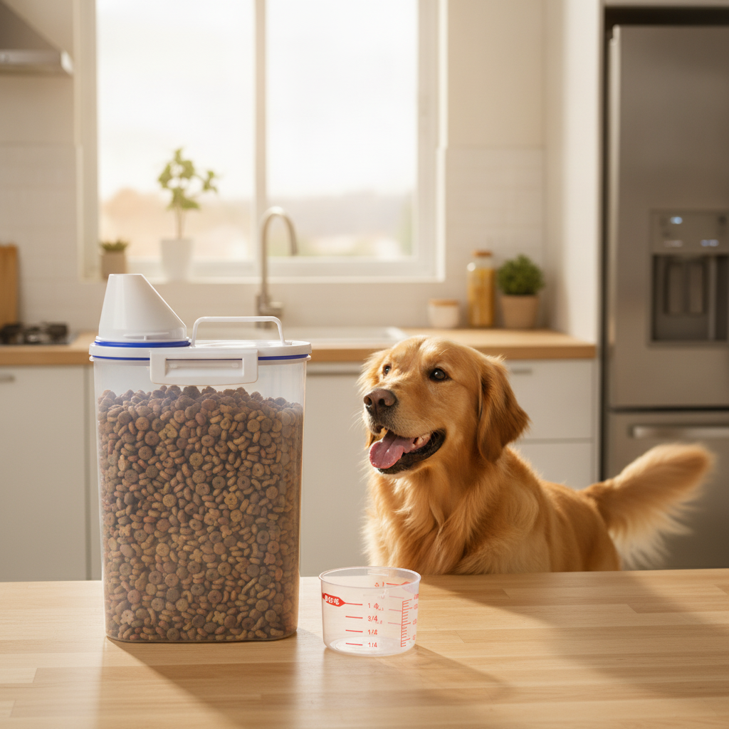 Mujer sirviendo comida perro desde recipiente hermético transparente 2L