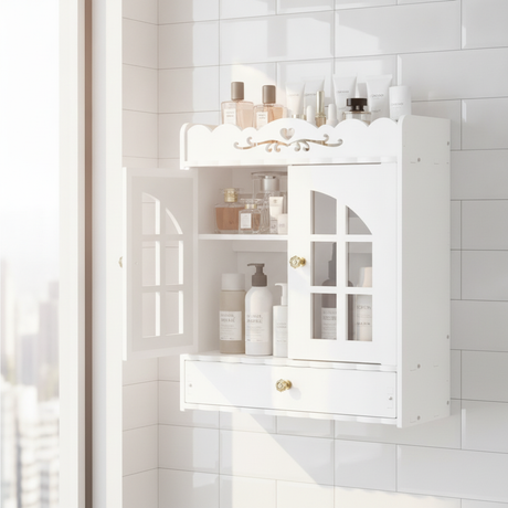 Organizador mural baño blanco con cosméticos estilo hogar chileno moderno