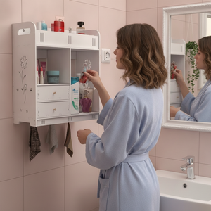 Mujer organizando cosméticos en repisa flotante baño blanca moderna