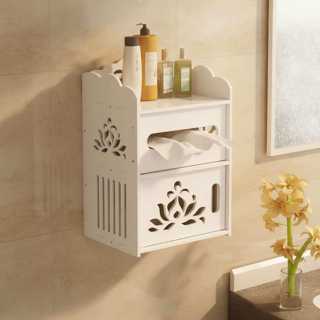 Organizador mural baño lotus blanco instalado en baño chileno moderno con productos higiene