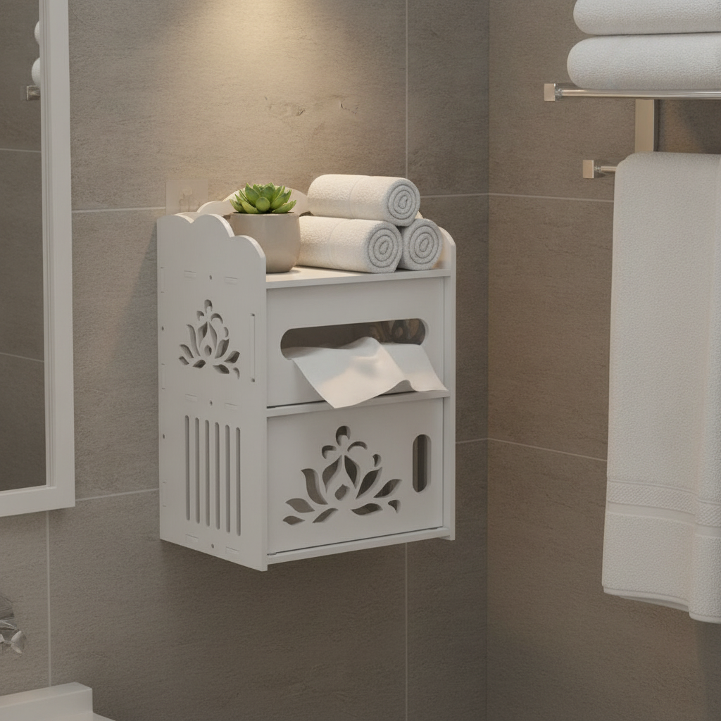 Estante mural baño decorativo lotus blanco con planta y accesorios en departamento chileno