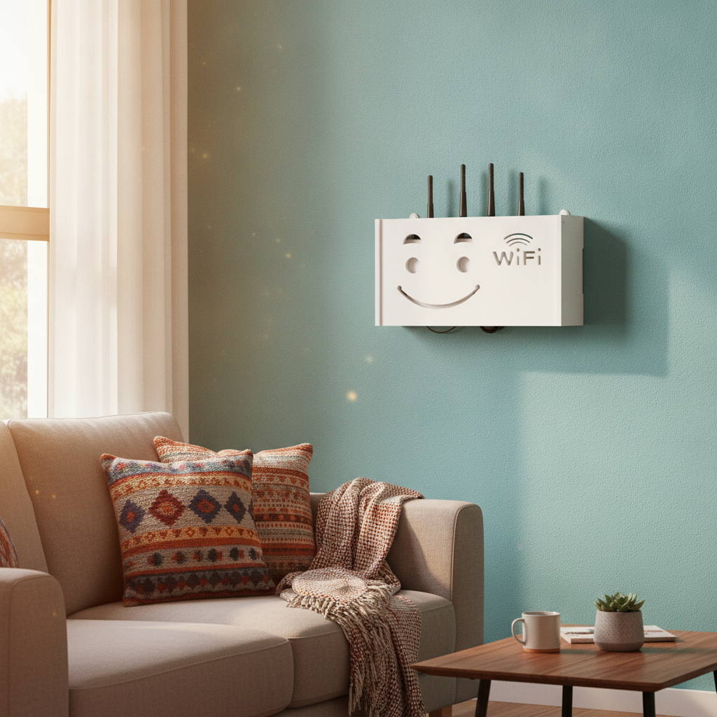 Rack organizador router WiFi instalado en living chileno moderno
