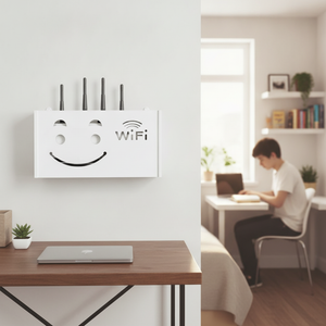 Repisa flotante router blanca montada en habitación chilena escritorio