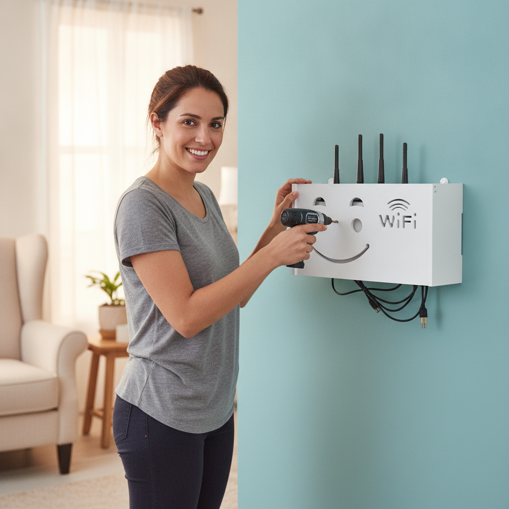 Mujer instalando organizador router WiFi pared living hogar chileno