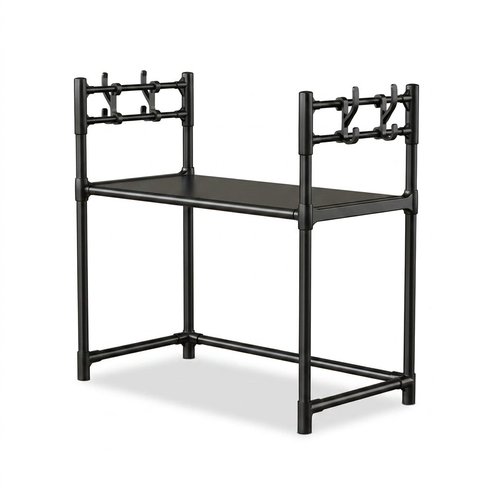 Estante organizador microondas 2 niveles metal negro con ganchos vista frontal