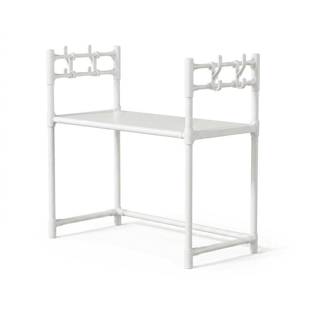 Repisa organizadora microondas 2 niveles blanca con ganchos vista frontal