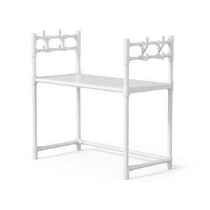 Repisa organizadora microondas 2 niveles blanca con ganchos vista frontal