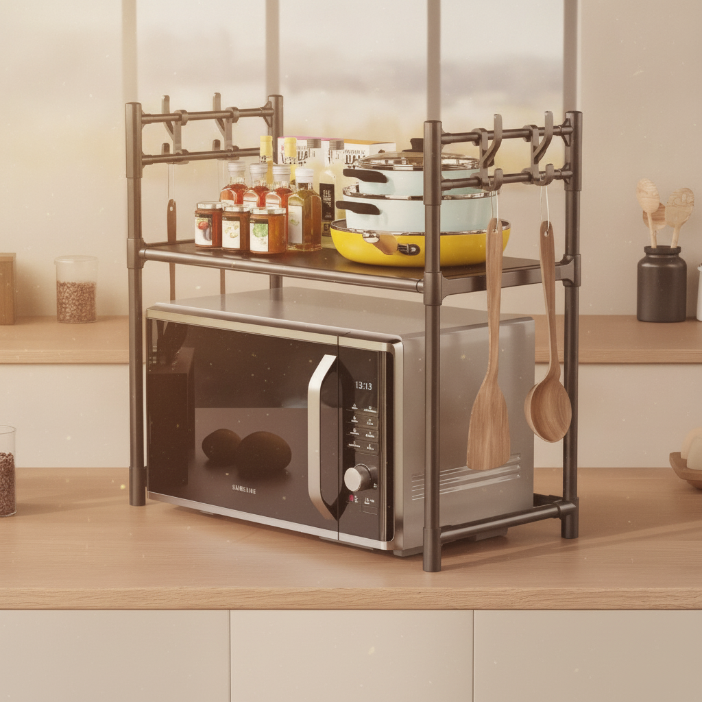 Repisa para microondas metal negro en cocina chilena moderna con especias y ollas