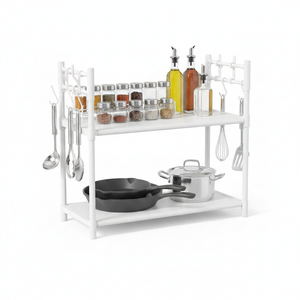 Repisa organizadora microondas 2 niveles blanca con ganchos vista frontal