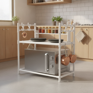 Estante organizador microondas cocina chilena con especias y sartenes