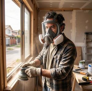 Trabajador construccion chileno usando respirador mascara gas full face