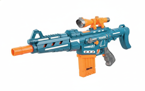 Rifle juguete dardos eléctrico M416 azul naranja vista frontal fondo blanco