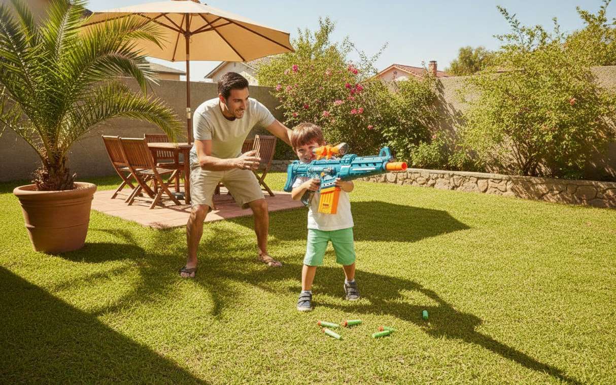 Niño jugando rifle dardos juguete patio hogar chileno luz natural