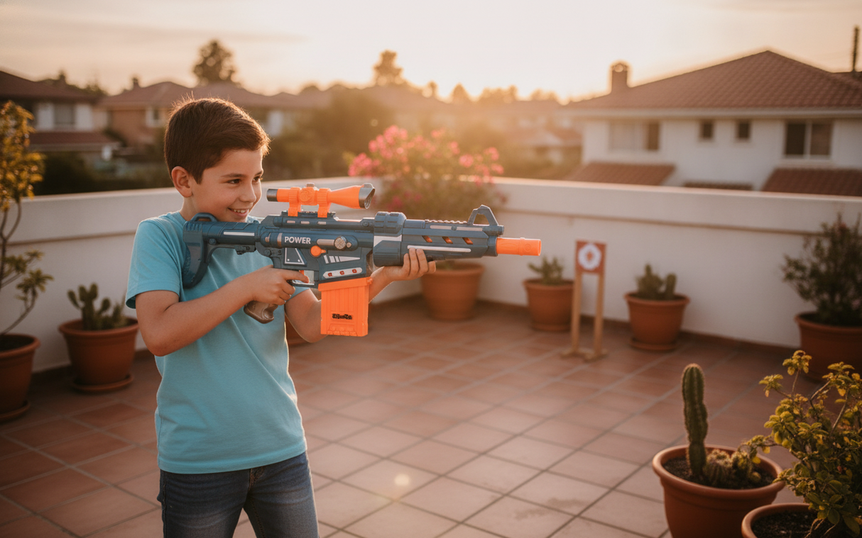 Niño apuntando rifle juguete dardos terraza chilena luz dorada