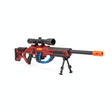 Rifle sniper juguete dardos espuma rojo negro mira telescópica bípode vista frontal