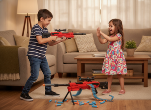 Niños jugando con pistola juguete dardos nerf en living hogar chileno