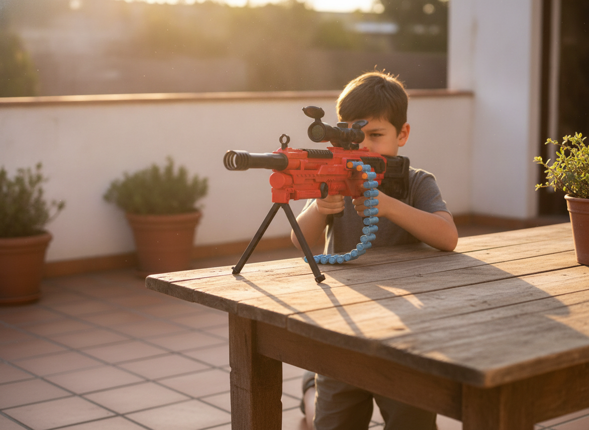 Niño apuntando rifle sniper juguete dardos bípode mesa terraza luz natural
