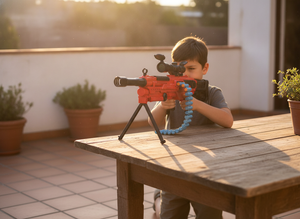 Niño apuntando rifle sniper juguete dardos bípode mesa terraza luz natural