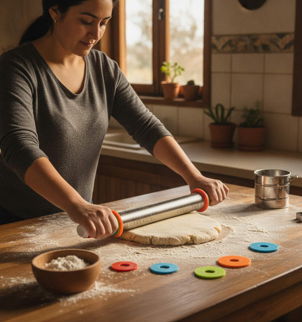 Manos usando rodillo acero ajustable para estirar masa de galletas sobre mármol