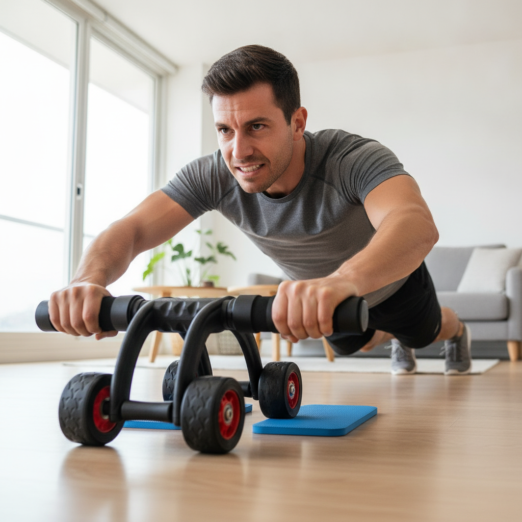 Hombre usando rodillo abdominal 3 ruedas en living chileno ejercicio core
