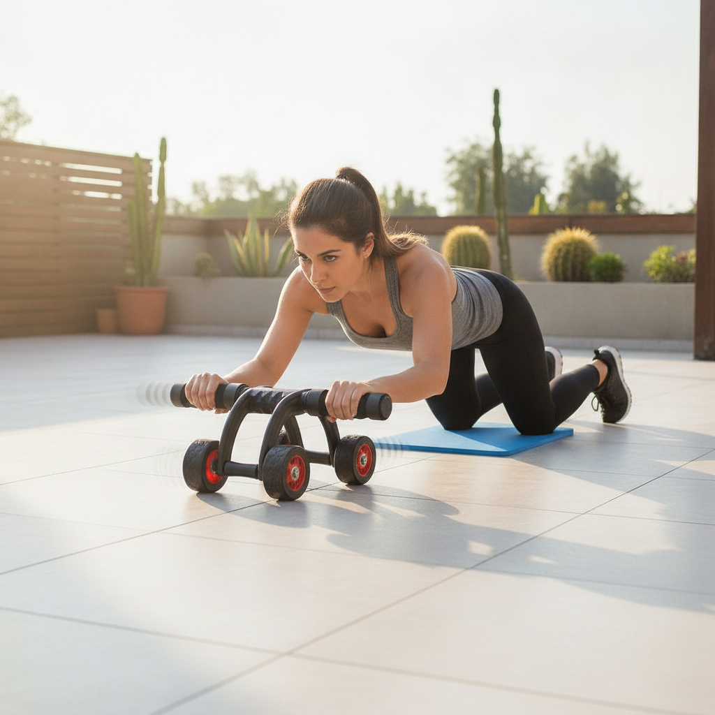 Mujer entrenando abdomen con rodillo abdominal 3 ruedas en terraza chilena