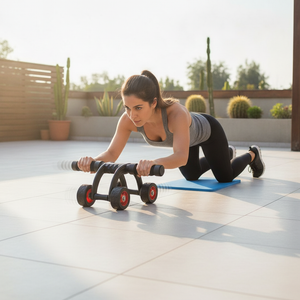 Mujer entrenando abdomen con rodillo abdominal 3 ruedas en terraza chilena