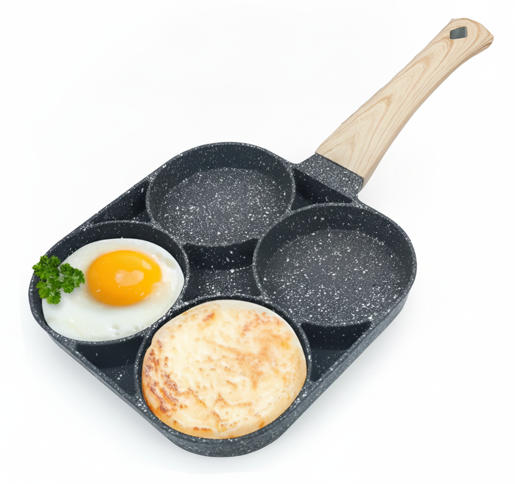 Sarten antiadherente divisorio 4 huevos mango madera fondo blanco vista superior