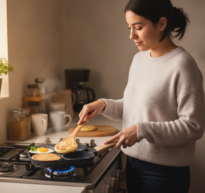Sarten divisorio 4 compartimentos cocinando huevos fritos desayuno familiar chileno