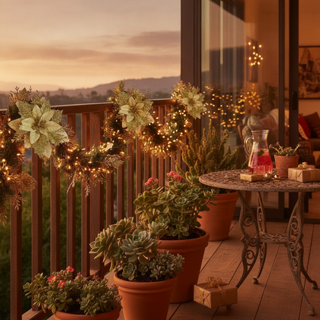 Decoración navideña flores doradas glitter guirnalda terraza hogar