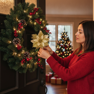 Mujer instalando flor navideña glitter dorada corona puerta hogar