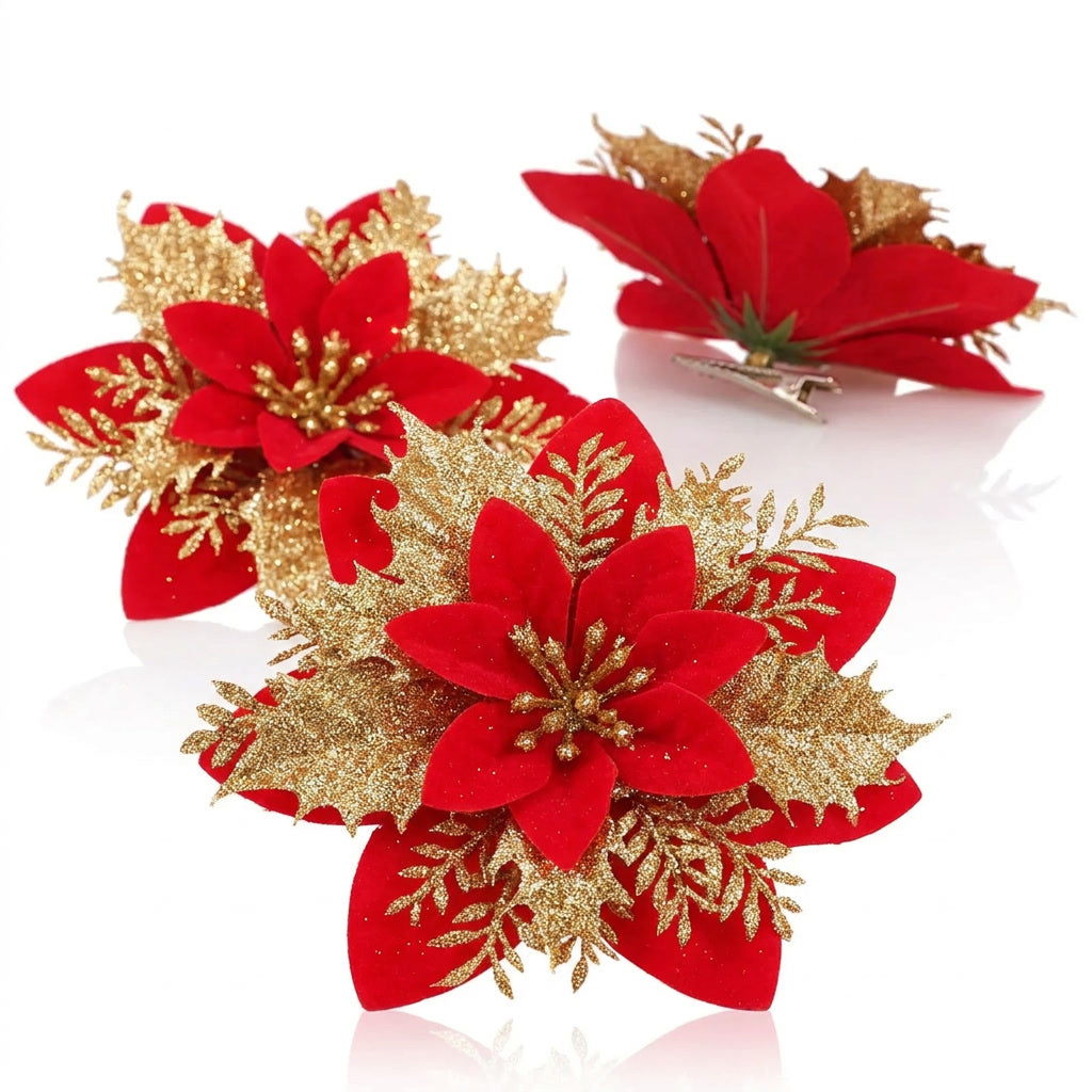 Set 10 flores navideñas glitter rojo dorado con clip vista frontal