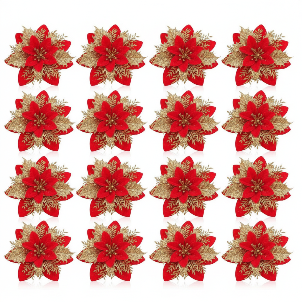 Set 10 flores navideñas glitter rojo dorado con clip vista frontal