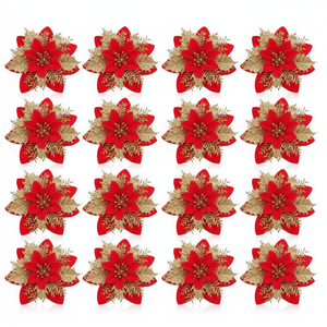 Set 10 flores navideñas glitter rojo dorado con clip vista frontal