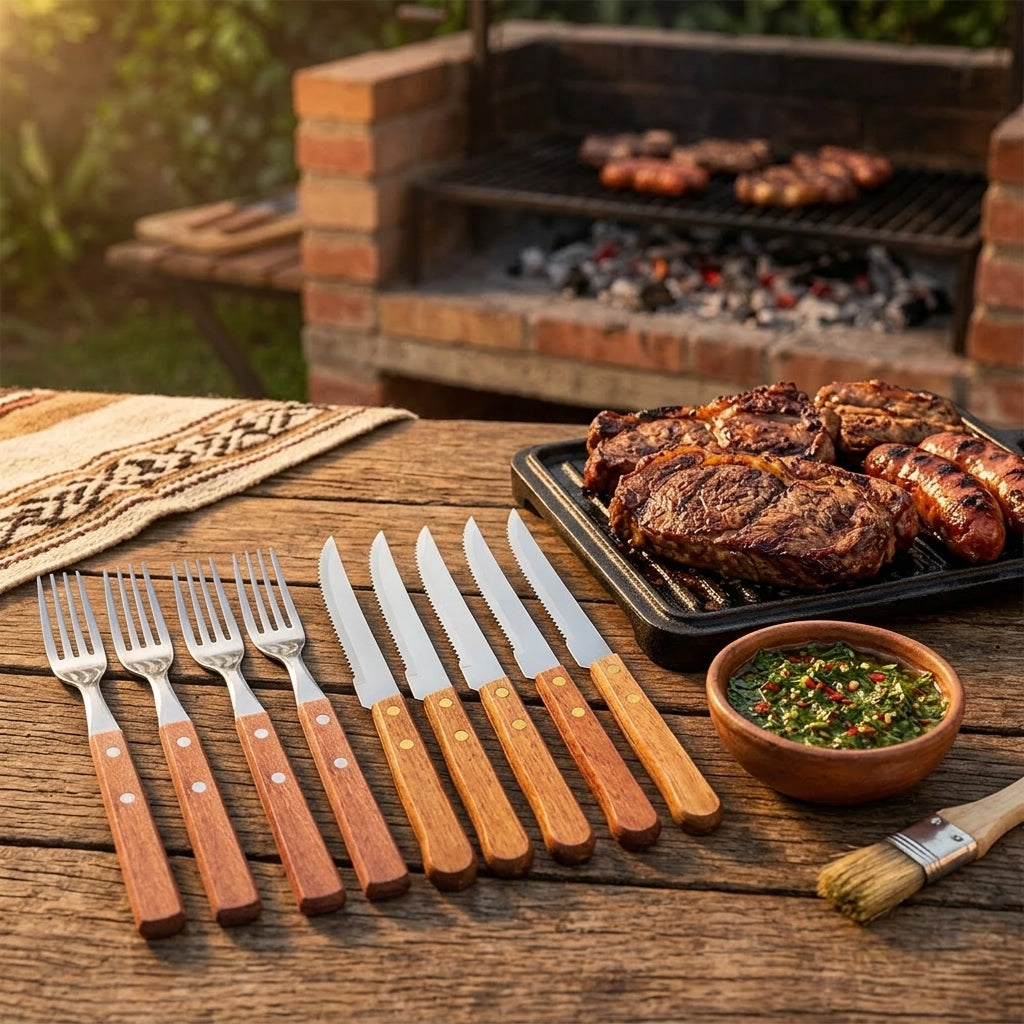 Set cubiertos madera asado quincho chileno cuchillos serrados sobre mesa rustica
