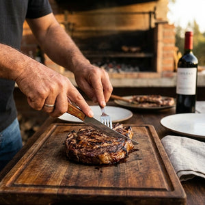 Cuchillo mango madera cortando carne asado chileno quincho uso real