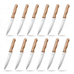 Set 12 cuchillos multiusos acero inoxidable mango madera vista frontal fondo blanco