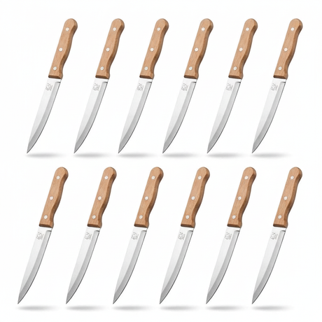 Set 12 cuchillos multiusos acero inoxidable mango madera vista frontal fondo blanco