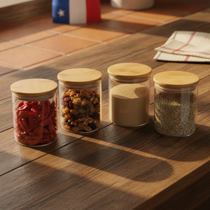 Frascos vidrio borosilicato tapa bambú cocina chilena Fiestas Patrias despensa